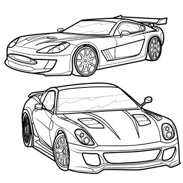 set of sports car sketches, coloring book, isolated object on white background, vector illustration,