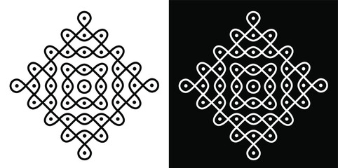 Indian Traditional and Cultural Rangoli or kolam design concept of curved lines and dots isolated on black and white background