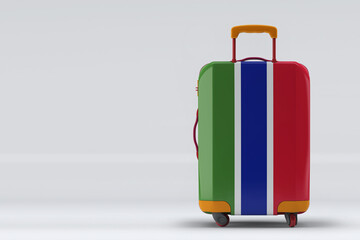 Gambia flag on a stylish suitcases back view on color background. Space for text. International travel and tourism concept. 3D rendering.