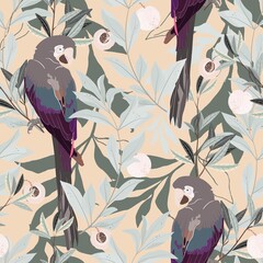 A red macaw parrot sits on a branch of a peach tree, among green leaves and ripe fruits on a white background. Seamless vector art pattern.  © Galina Trenina