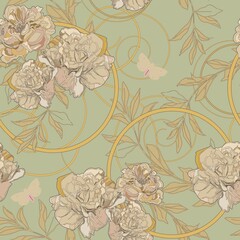 Beige and cream pale rose flowers with inflorescences, petals on a light sage green background, surrounded by decorative elements in art nouveau and art deco. Seamless floral vector pattern. 