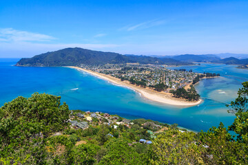 Panoramic view of Pauanui, a holiday town on the Coromandel Peninsula, New Zealand, seen from Mount Paku