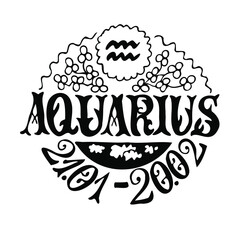 Black-and-white vector illustrations of the zodiac sign Aquarius are drawn. The Style Of Art Deco. The circular composition is decorated with floral elements. A handwritten name. The astronomical data