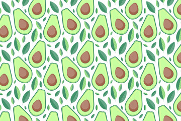 Avocado pattern. Bright green avocado with leaves on white background