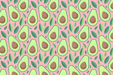 Avocado pattern. Bright green avocado with leaves on pink background
