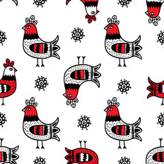 COCK PRINT Folk Ethnic Doodle Ornament Holiday Cartoon Seamless Pattern Vector Illustration for Print Fabric and Digital Paper