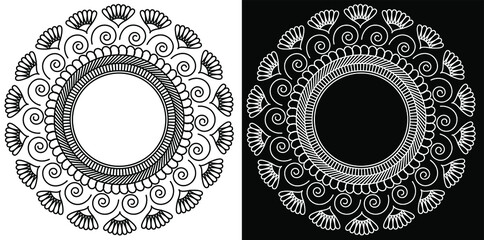 Circles, Lines, Spiral and Flowers in Mandala Design Concept - Indian Traditional and Cultural Rangoli, Alpona, Kolam or Paisley vector line art with dark and white background
