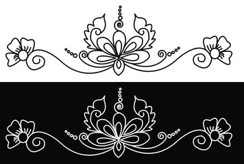 Border design concept of floral pattern with spirals and leaves isolated on black and white background 
