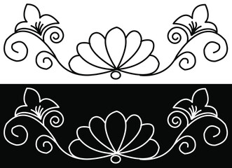 Border design concept of Lotus flower with spirals and leaves isolated on black and white background 