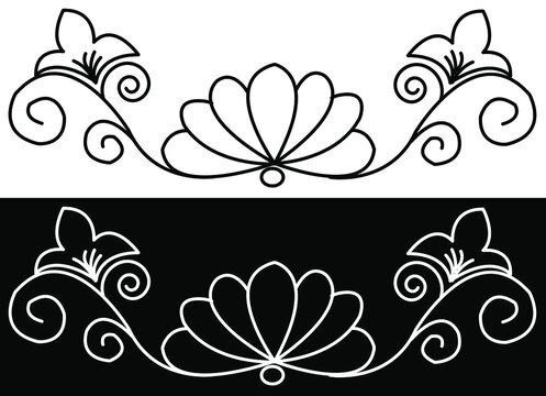 Border design concept of Lotus flower with spirals and leaves isolated on black and white background 