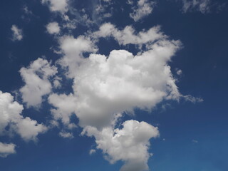 ant's eye view of fat white clouds moving with blue sky background.