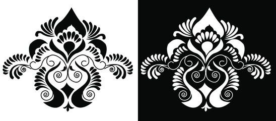Ornamental Alpona design concept of floral pattern isolated on black and white background 