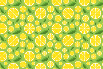 Lemon pattern on green. Bright yellow fruit background