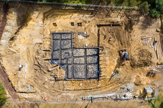 Aerial view of a site being cut and prepared for a new house build in the Melbourne suburb of Donvale