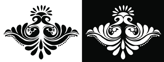 Indian cultural Alpona design concept of two peacocks dancing together isolated on black and white background 
