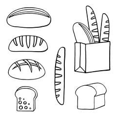 Vector outline set of bread - loaf, french baguette, sourdough, toast, a paper bag of bread for a bakery. Doodle bread isolated on a white, background