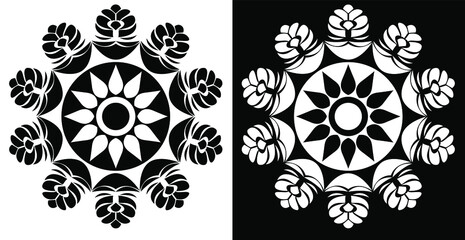 Mandala design concept of flower petals and lamps isolated on black and white background