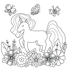 Kids coloring page with cute unicorn and flowers. Simple shapes, contour for small children. Vector illustration.