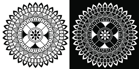 Beautiful Indian traditional and Cultural Rangoli mandala design concept of flora art isolated on black and white background 