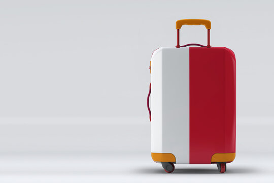Monaco flag on a stylish suitcases back view on color background. Space for text. International travel and tourism concept. 3D rendering.