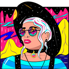 Bright sexy young woman in the style of psychedelic pop art