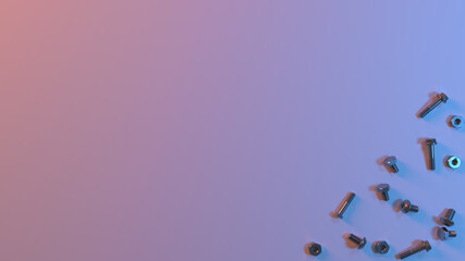 3D illustration presentation background for fixing building repairing parts tools bolts screws screwdriver wrench collection adjust set rivet work hardware tool industrial construction equipment 