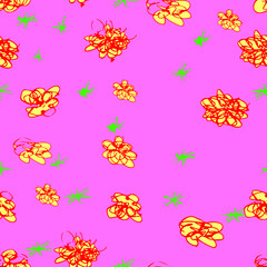 Seamless vector pattern with abstract colorful flowers on a pink background. Free hand drawn flowers  children's style. Good web page, blog background, wallpaper, fabric, textile and tile print.