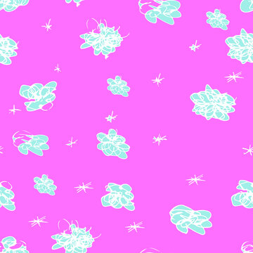 Seamless vector pattern with abstract blue clouds on pink background. Free hand drawn flowers and stars children's style. Good web page, blog background, wallpaper, fabric, textile and tile print