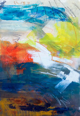 Abstract art in blue, yellow, white and orange