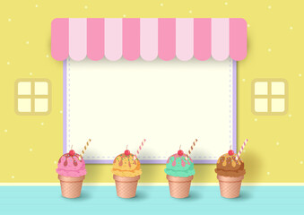 Ice cream cone design with menu frame on yellow background 
