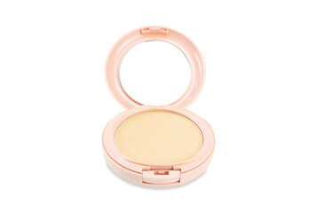 Makeup powder brown color in pink powder case which opened and mirror on other side, for face skin , beauty concept, isolated on white background with clipping path