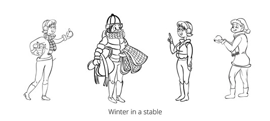 Horse pattern design. Horse girl character in winter warm cloth isolated.