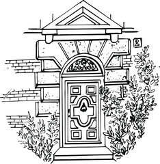 Beautiful door in the style of art Deco. Vector black and white line graphics. Isolated on a white background. Coloring book for children and adults