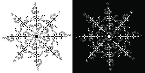 Mandala design concept of geometrical line art isolated on black and white background 