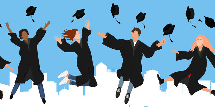Seamless border with happy graduate students in graduation clothing jumping and throwing the mortarboard high into the air. City and sky background. Flat vector illustration