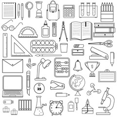 Set of stationery and school supplies in the Doodle style, black outline white background, vector illustration, isolated objects, design, decoration, coloring, icon