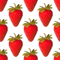 Strawberry seamless pattern on a white background. Tasty sweet berry. Pixel Graphics. 8 bit .Vector illustration