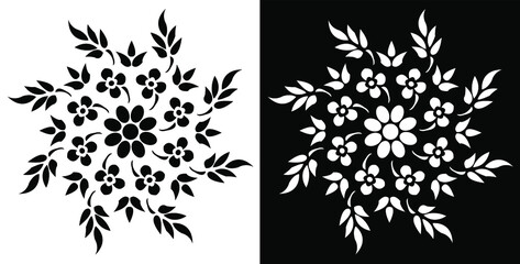 Floral leafy mandala design isolated on black and white background