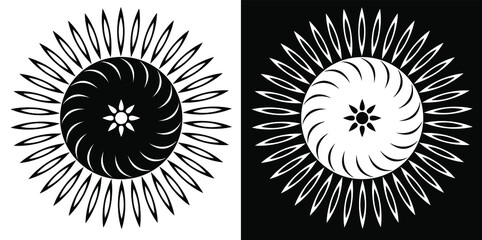 Abstract circular mandala design with flames isolated on black and white background
