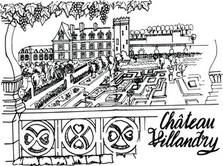 Vector illustration of the castle. For design or coloring pages for children and adults. The French Renaissance Chateau of Villandry. Handwritten inscription " castle of Villandry"