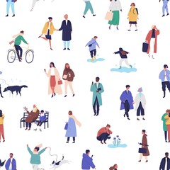 Fototapeta premium Diverse tiny people walking on street seamless pattern. Crowd of man, woman, children performing spring outdoor activities vector flat illustration. Funny characters in seasonal clothes or outerwear