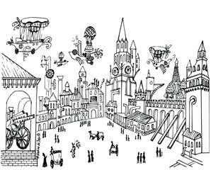 A fantastic city in the steampunk style. The Moscow Kremlin in reality is steampunk.  Vector Black and white sketch. Hand-drawn. Isolated on a white background. Coloring book for children and adults.