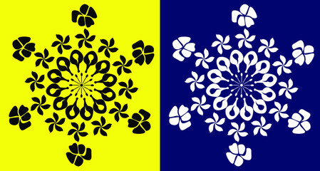 Beautiful Indian traditional and Cultural Rangoli mandala design concept of flora art isolated on yellow and blue background 