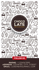 Fototapeta na wymiar Chocolate banner with hand draw doodle background. Simple sketches of different kinds of cocoa and chocolate production.