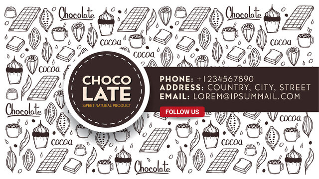 Chocolate banner with hand draw doodle background. Simple sketches of different kinds of cocoa and chocolate production.