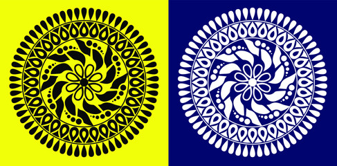 Mandala design concept of flower petals and leaves isolated on yellow and blue background