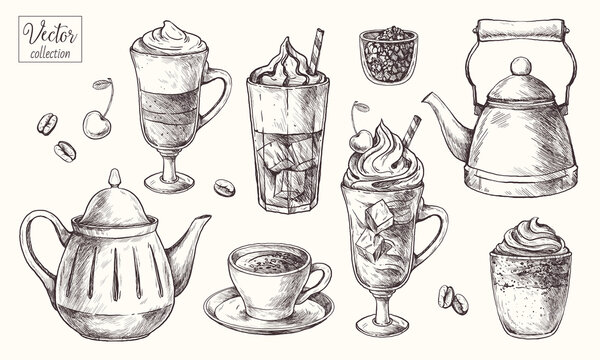 Coffee. Types of coffee. The drinks. Cocktails. Dalgona coffee. Kettle. Teapot. Vector Hand Drawn. Sketch Botanical Illustration. 