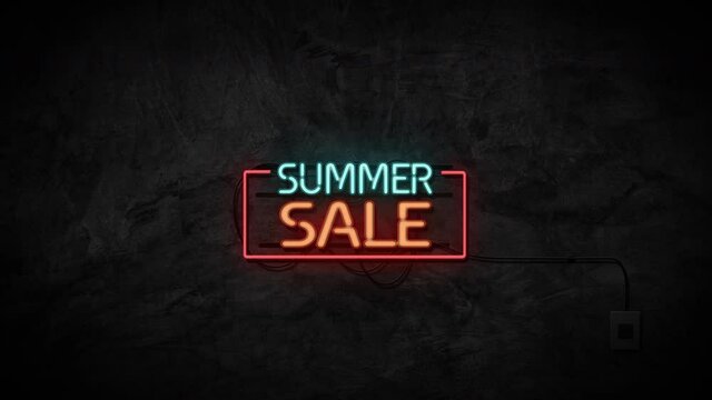 Summer sale sign neon light on stone wall background. Business and service concept.