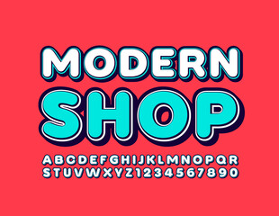 Vector bright banner Modern Shop with Trendy Alphabet Letters and Numbers. 3D Decorative Font