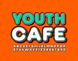 Fototapeta na wymiar Vector bright emblem Youth Cafe. Trendy Alphabet Letters and Numbers. Modern 3D Font